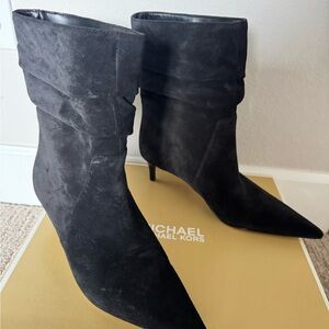Michael Kors Black Suede Pointed-Toe Slouch Mid-Calf Boots